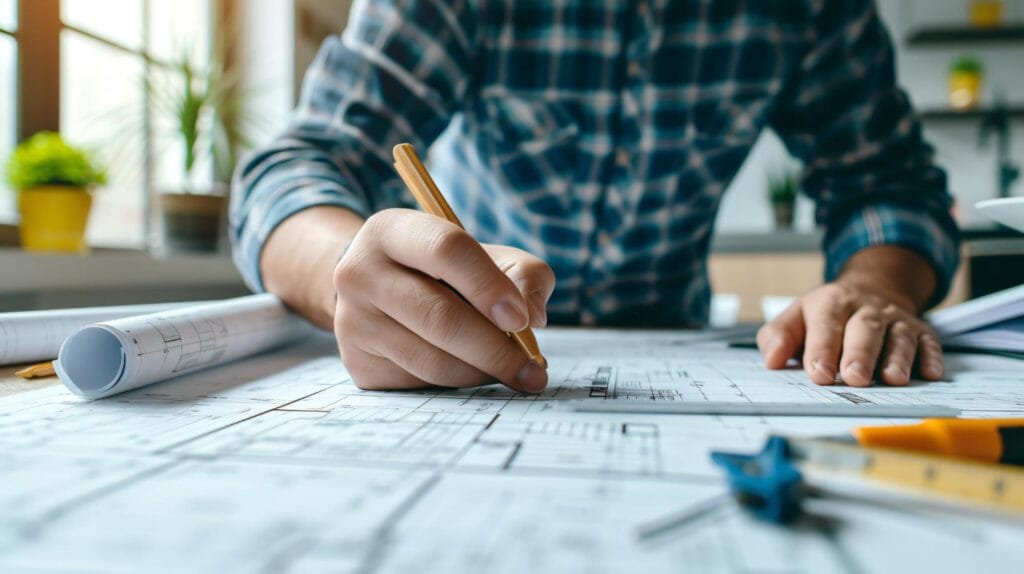 Thailand Digital Construction Innovations: A person in a checkered shirt sketches architectural plans on a desk, surrounded by rolled blueprints and drafting tools.